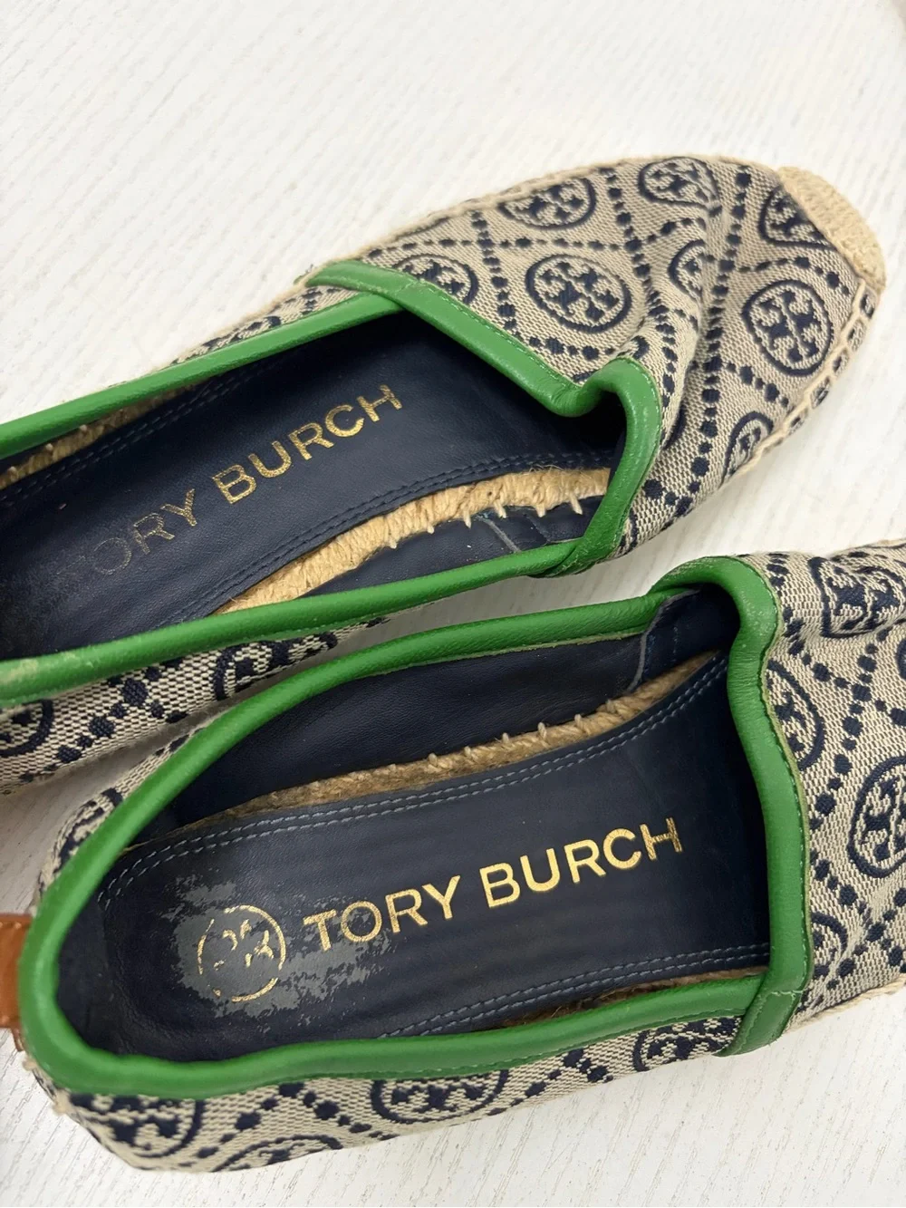 Tory Burch T Monogram Espadrille Flats Green Trim Navy Canvas Size 6.5M 5595